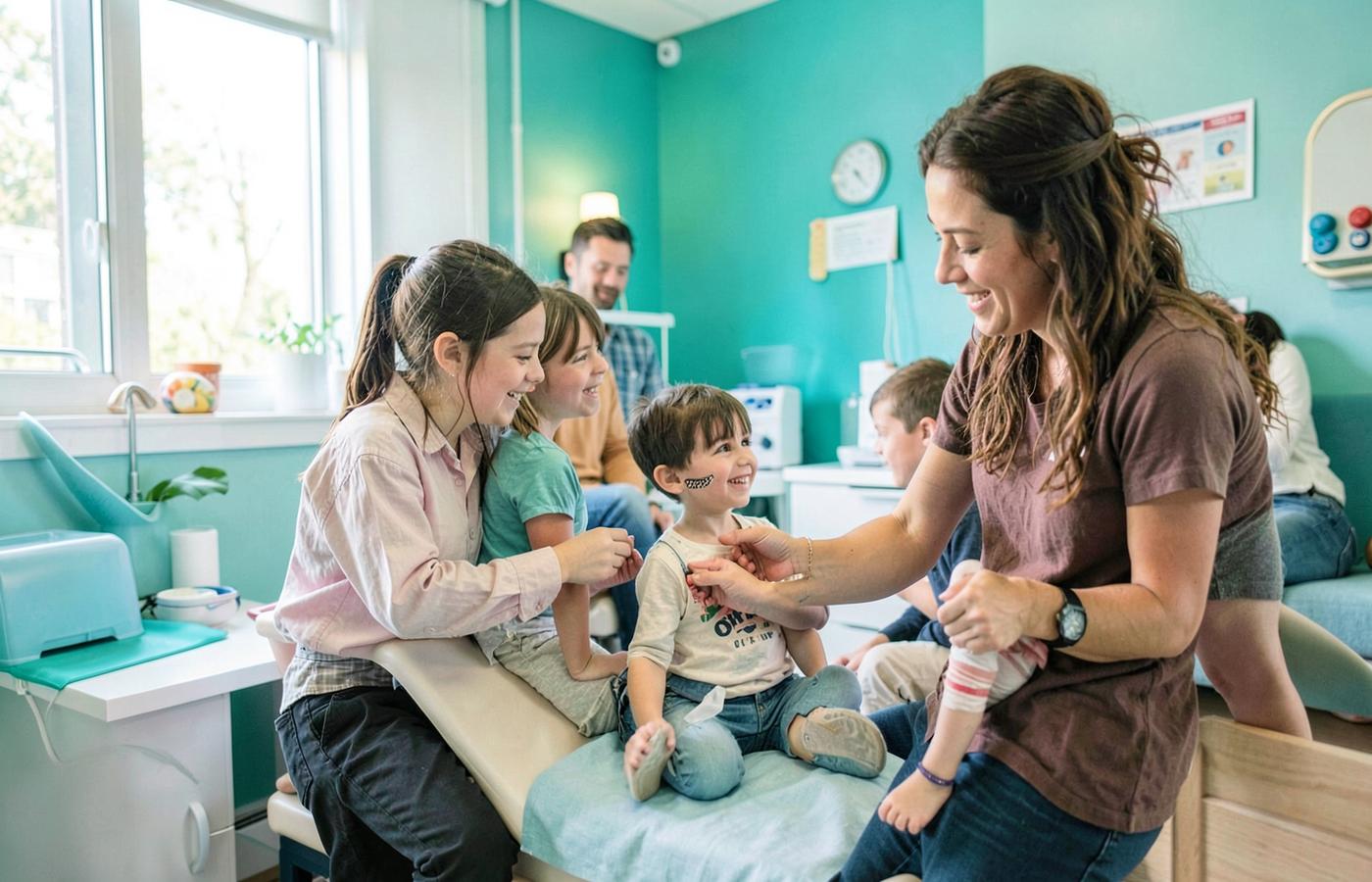 A clinician examining a smiling young child while siblings and a parent look on in a bright pediatric exam room