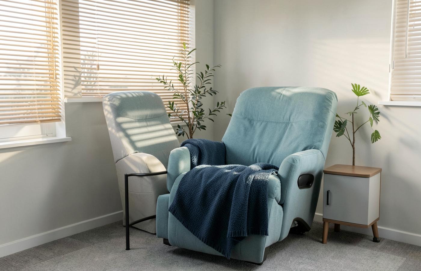 A quiet treatment room with a comfortable recliner, blanket, and soft daylight, prepared for a supervised SPRAVATO treatment session